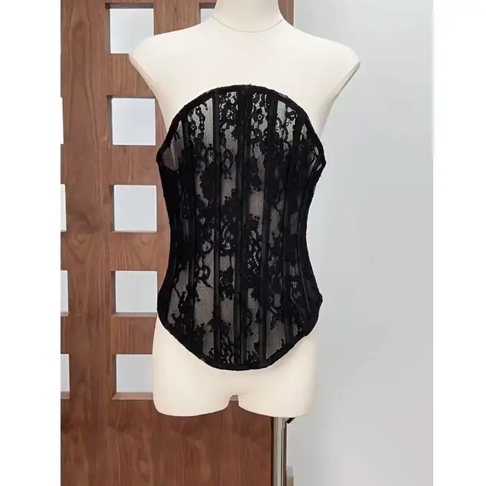 Bustier en dentelle noire transparente pour femmes, Corset Sexy sans bretelles, désossé, haut court,