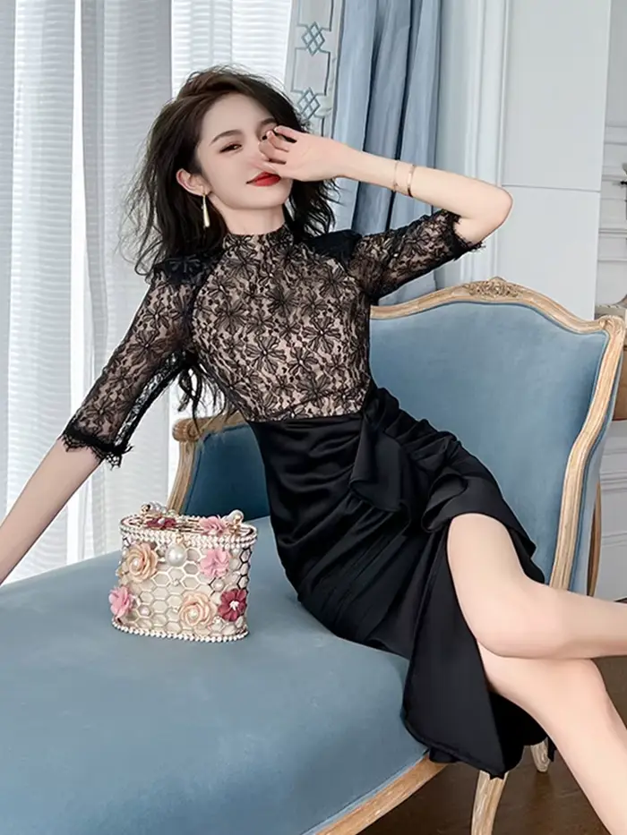 Robe mi-longue de Style rétro pour femmes, noire, dentelle transparente épissée, Satin, à volants, f