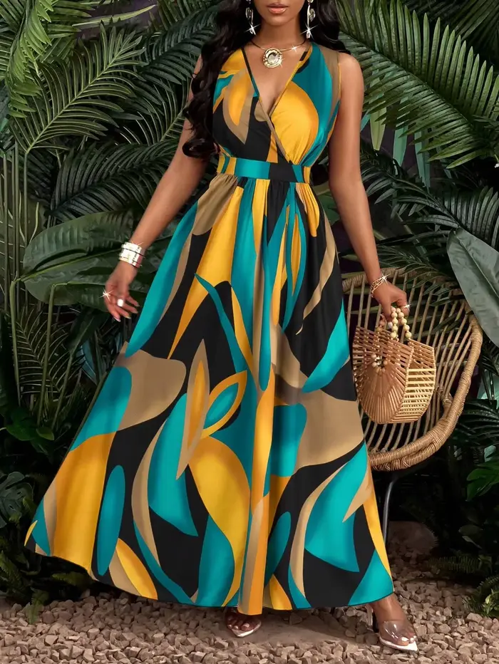 Robe femme sans manches, col en V, longueur au sol, avec imprimés abstraits, à la mode pour la plage