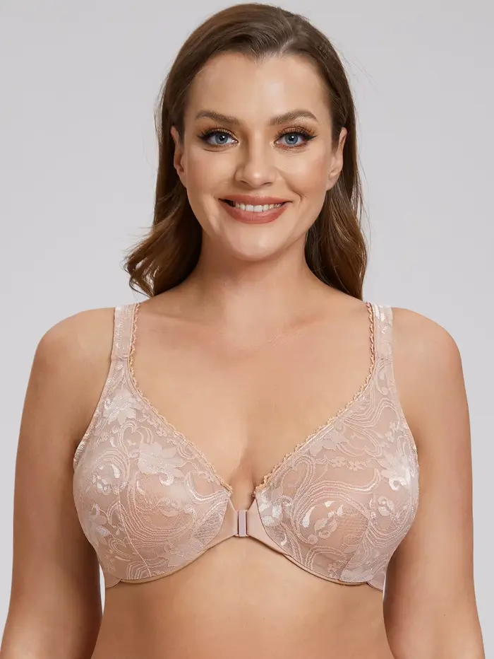 Soutien-gorge à armatures en dentelle pour femme, couverture complète, fermeture avant, sans rembour