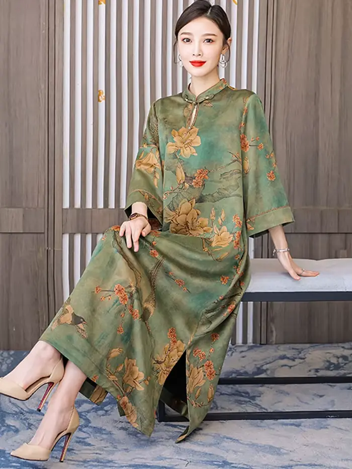 Robe maxi verte à manches longues pour femmes, col montant, vintage coréen, luxe élégant, automne, h