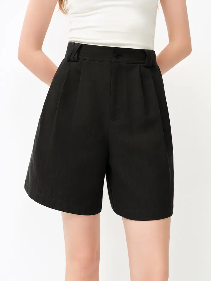 Shorts décontractés classiques en mélange de lin pour femme FSLE 2026 - Couleur unie, coupe régulièr