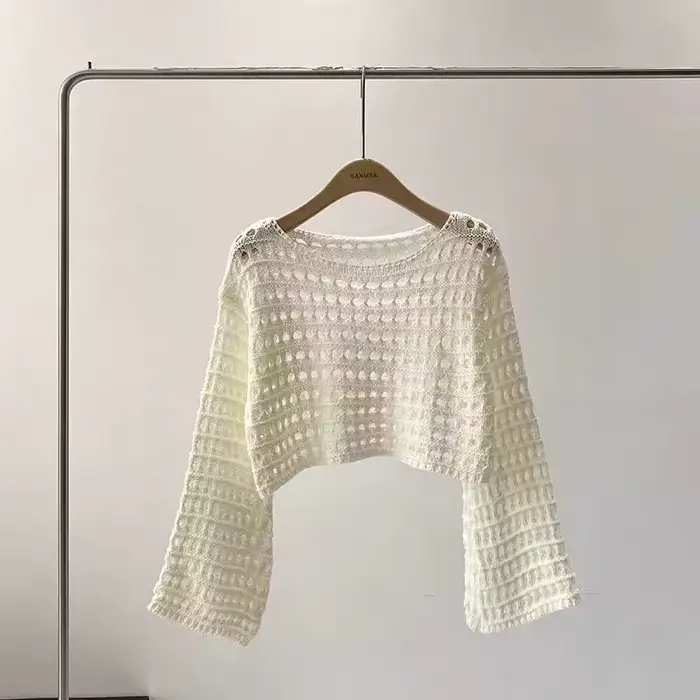 Dlhý rukáv háčkovaný top pre ženy