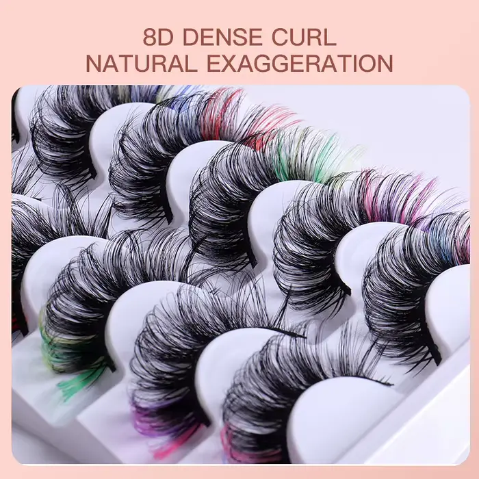 7 paires de cils colorés moelleux Faux cils de vison avec couleur, Volume de boucle D dramatique Lon