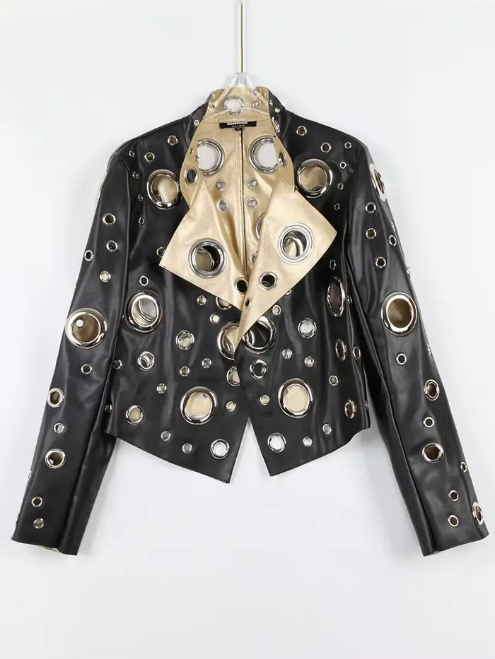 Nerazzurri-Veste courte en cuir PU évidée pour femme, Rivet, Cool mn fraîchement Designer Clothes, R