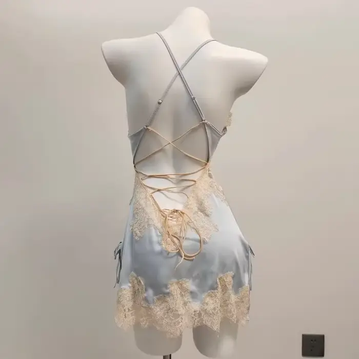 Sexy pyžamo pre ženy, nočná bielizeň z ľadového hodvábu a čipky
