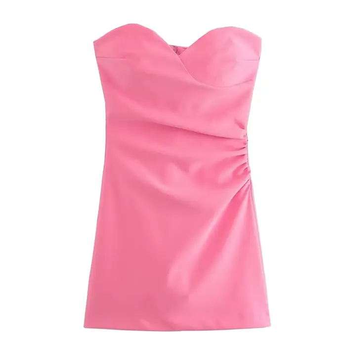 YENKYE nouvelle mode femmes rose froncé robe sans bretelles sans manches dos fermeture éclair femme 