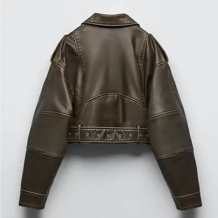 Veste courte Vintage en Faux cuir Pu pour femme, ample, avec ceinture, Streetwear, fermeture éclair,