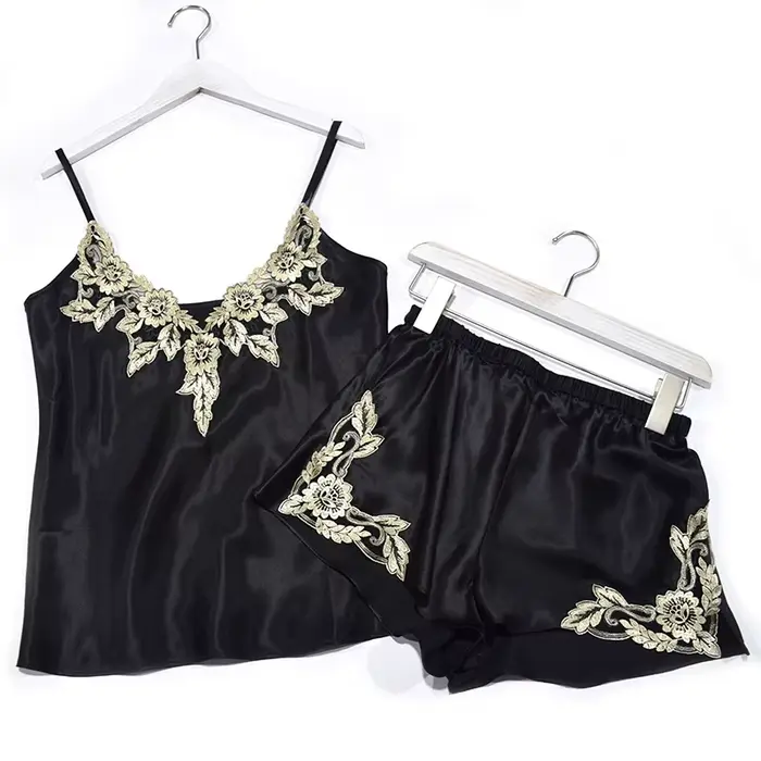 Injpajamas-Ensemble deux pièces en soie, camisole 600 ultra Goals, dentelle sexy fendue, service à d
