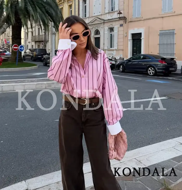 KONDALA ružové pásikavé ležérne košele pre ženy