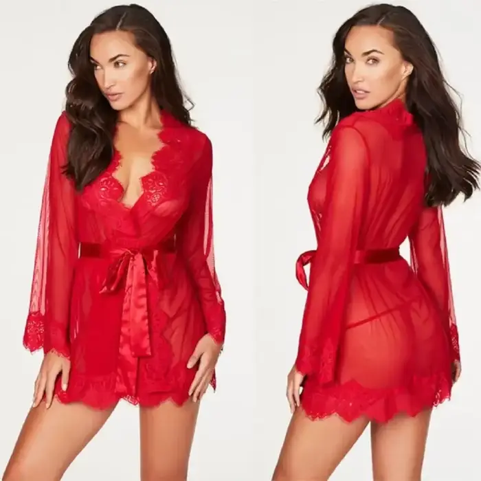 Ensemble de Lingerie Sexy + string pour femmes, vêtements de nuit Porno, sous-vêtements en dentelle, vêtements sexuels, nuisette, robe érotique transparente, costume de Lingerie Sexy