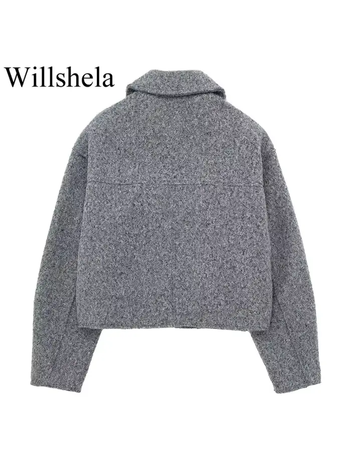 Willshela dámska módna bunda so sivými prednými vreckami na zips Vintage golier dlhé rukávy žena Štýlové oblečenie