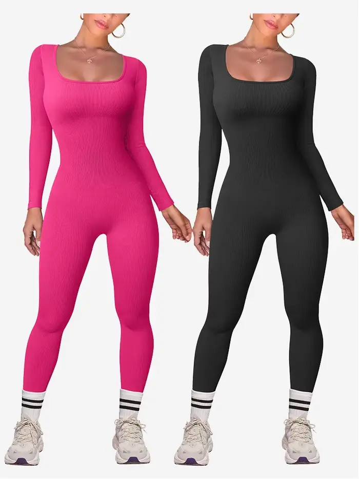 Dámske kombinézu s dlhým rukávom, štvorcový golier, vysoký pás, bodycon, jeden kus, legíny, bezšvíkové, príležitostné šport, body
