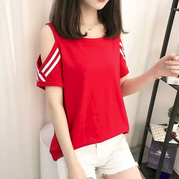 T-shirt ample à manches courtes pour femme, haut estival et fin, surdimensionné, à épaules dénudées,