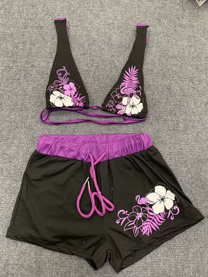 Letný plážový Ins módny horúci Sexy dámsky dvojdielny Bikini krásny Vintage kontrastný kvetinový potlač podprsenka s ramienkami