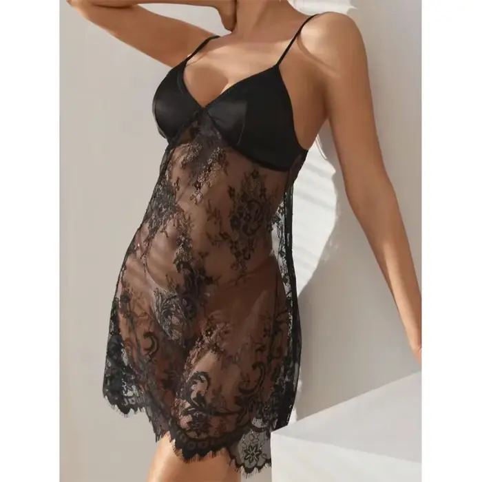 Sexy nočná košeľa z priehľadnej čipky, s voľnými popruhmi, Midi sukňa, priedušná, hodvábne mlieko, polyester, ultratenká, v-neck, bez rukávov