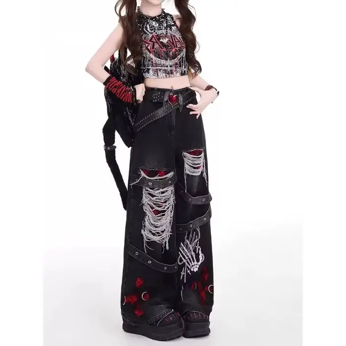 Americký štýl pikantné dievča voľné lenivé a uvoľnené džínsy žena punk retro prané módne všestranné nohavice