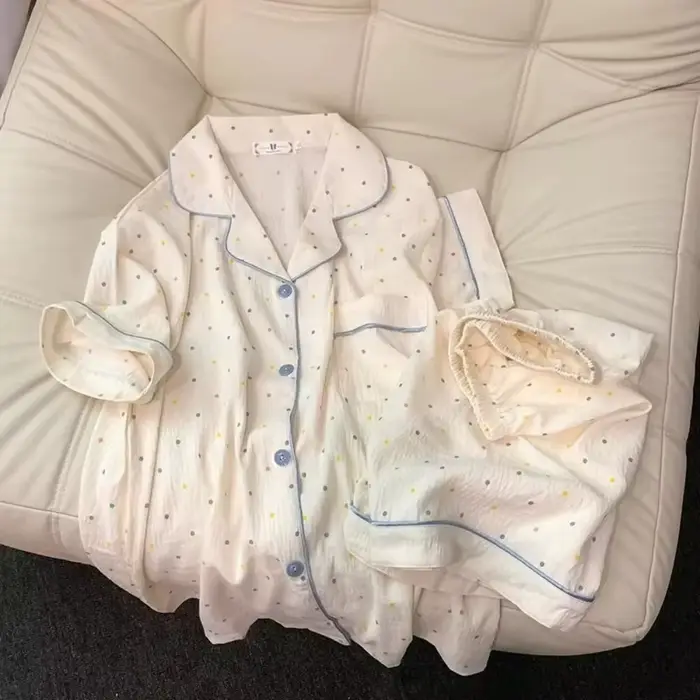 Pyjama imprimé à pois pour femmes, ensemble de pyjama en coton, haut et short, ensemble 2 pièces, te