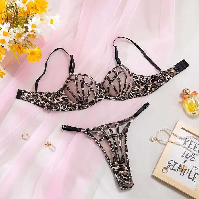 Ensemble de soutien-gorge en maille léopard pour femmes, Lingerie transparente Push Up, string décou