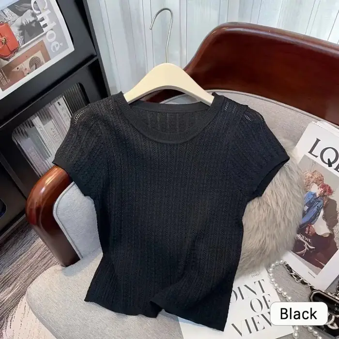 T-shirt tricoté élégant à points torsadés, chemise creuse en soie glacée à manches courtes, haut d'é