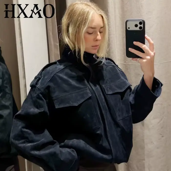 HXAO Nová semišová bunda pre ženy jeseň tmavosivá kaki Bomber