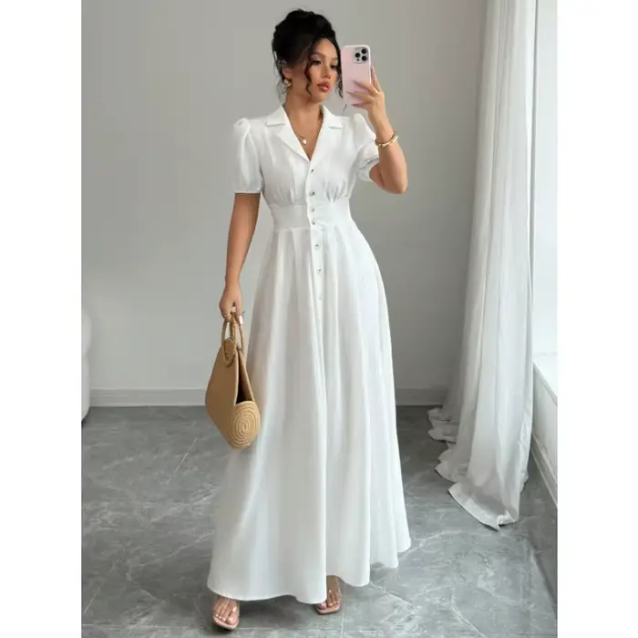 Robe longue maxi style corset blanc à la française pour femme, élégante, col en V, boutonnée, taille