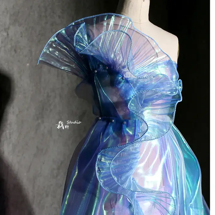 Tissu en dentelle bleue plissée effet sirène, 1 mètre, Lustre néon Laser pour femmes, robe de 15CM d