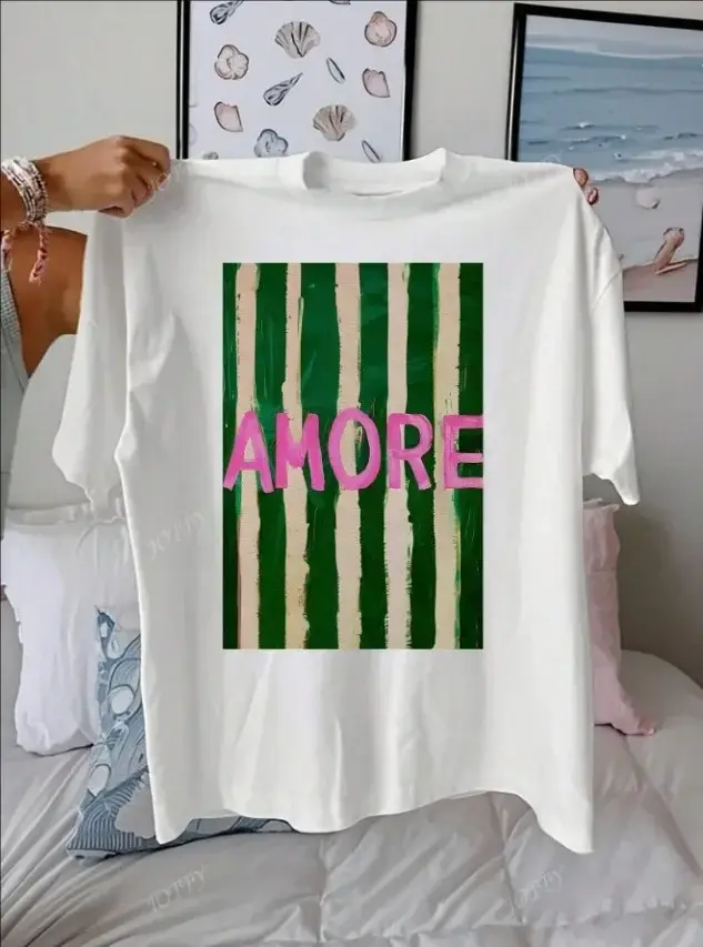 AMORE rayé motif artistique tenues d'été femmes décontracté col rond manches courtes femme t-shirts 