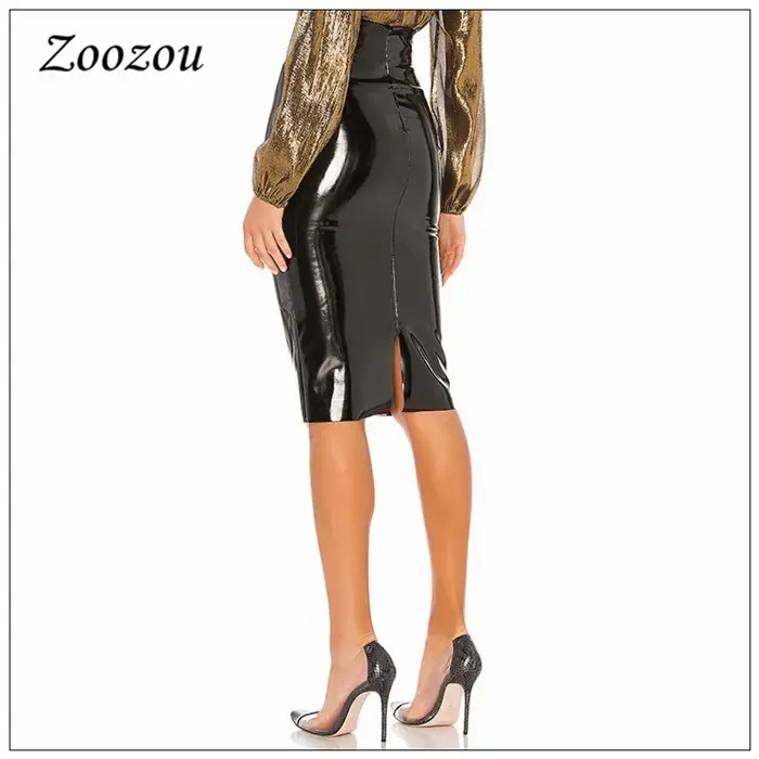 Jupe Midi en Latex et cuir verni PVC pour femmes, taille haute, crayon, élégante, fendue, longueur a