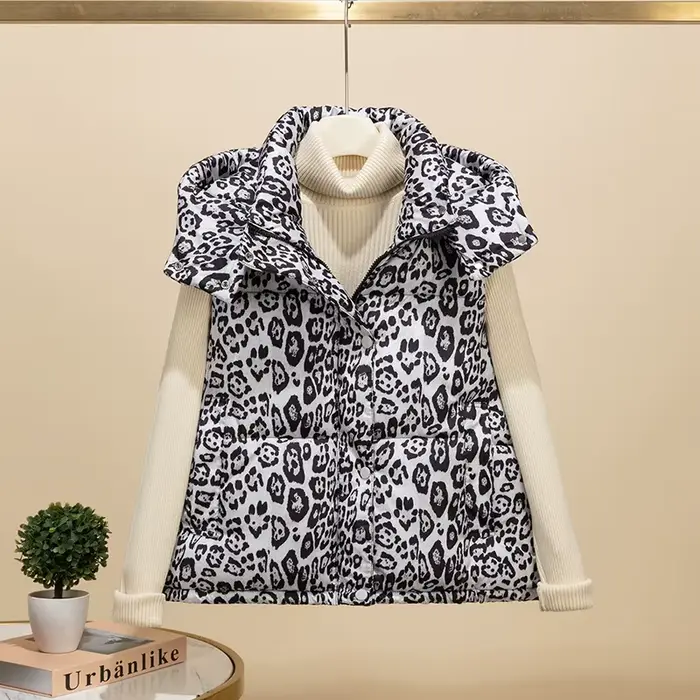 Dámska bavlnená leopardia vesta bez rukávov s kapucňou
