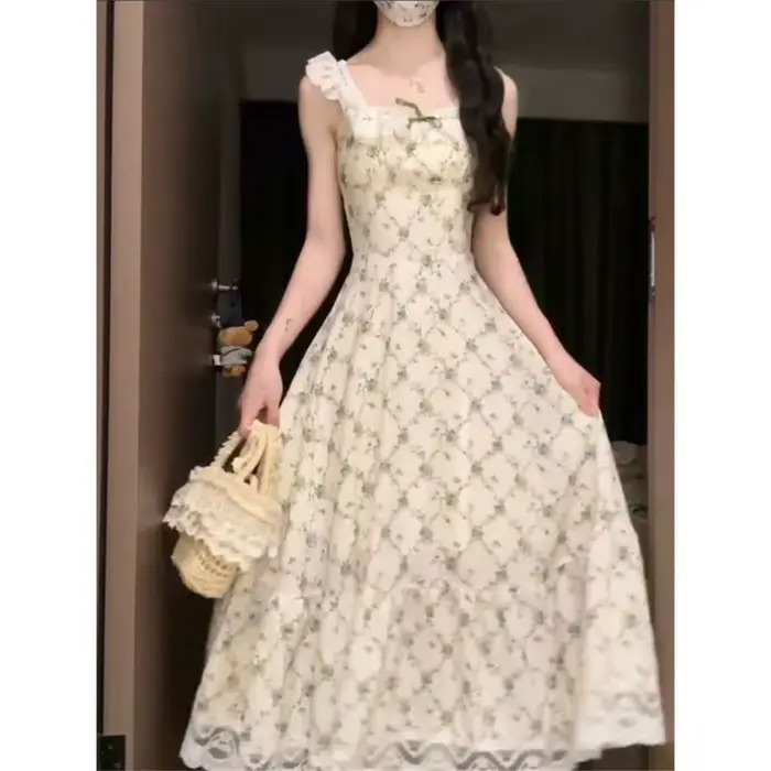 Robe imprimée pastorale française pour femmes, douce, douce, voyage d'été, plage, longue robe à carr