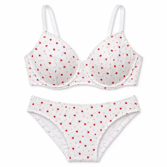 Ensemble de lingerie côtelé imprimé fraises pour femme, soutien-gorge à armatures à bonnets fins et 