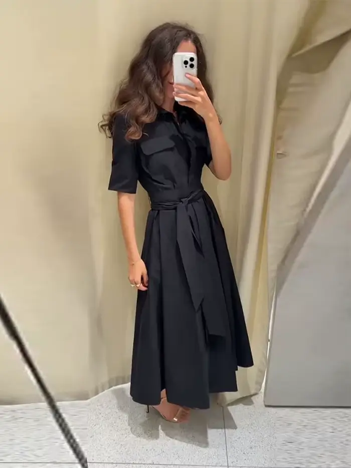 Nová elegantná čierna plisovaná dlhá šaty pre ženy s opaskom