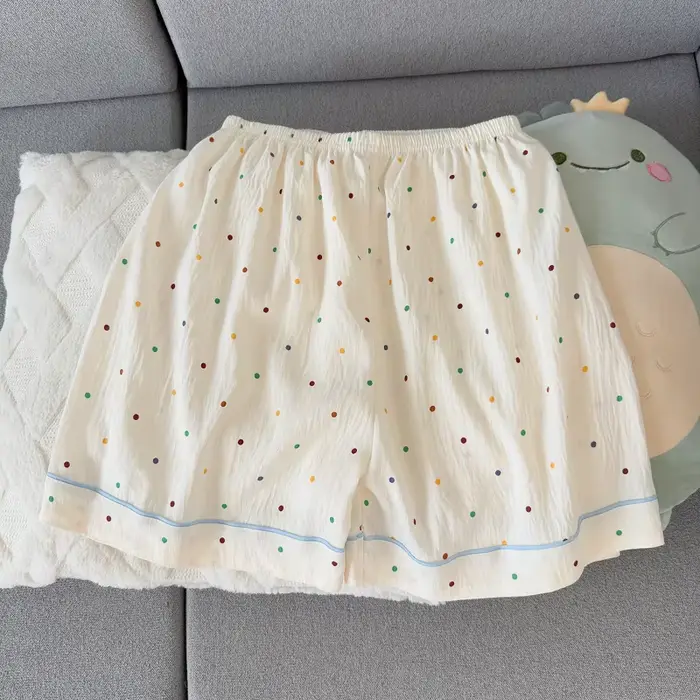 Dámske polka dot tlačené bavlnené pyžamo set, krátky rukáv top a šortky, 2-dielna, ležérne, pohodlné, potlačené nočné oblečenie