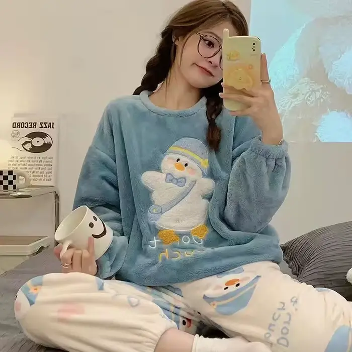 Ensemble de pyjama en flanelle pour femmes, automne et hiver, pantalon à manches longues avec doublu