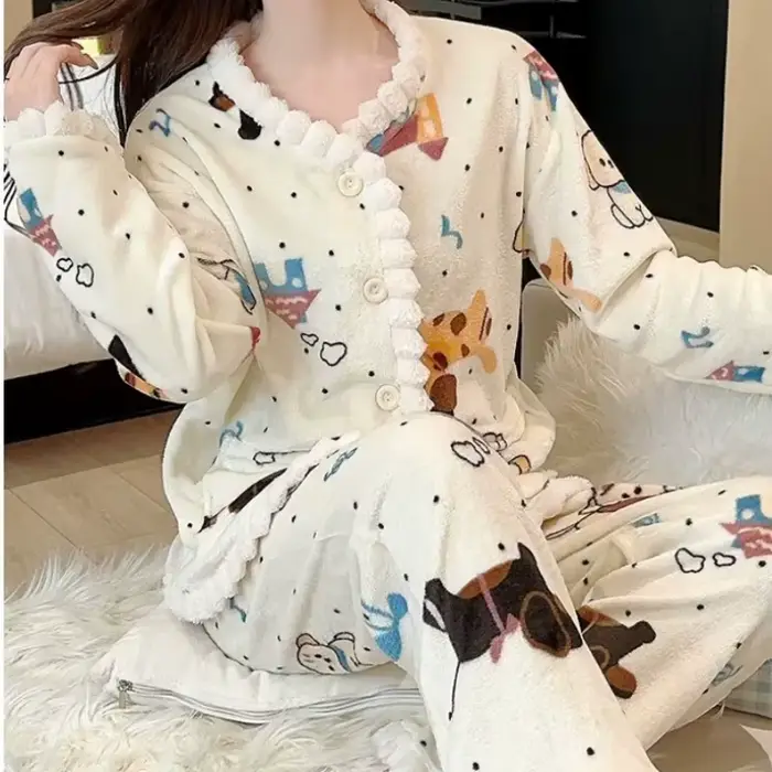Dámske Coral Fleece pyžamo, tlačené, hrubé, plyšové, sveter, teplý a mäkký oblek, domáce oblečenie, dlhé rukávy, jeseň zima