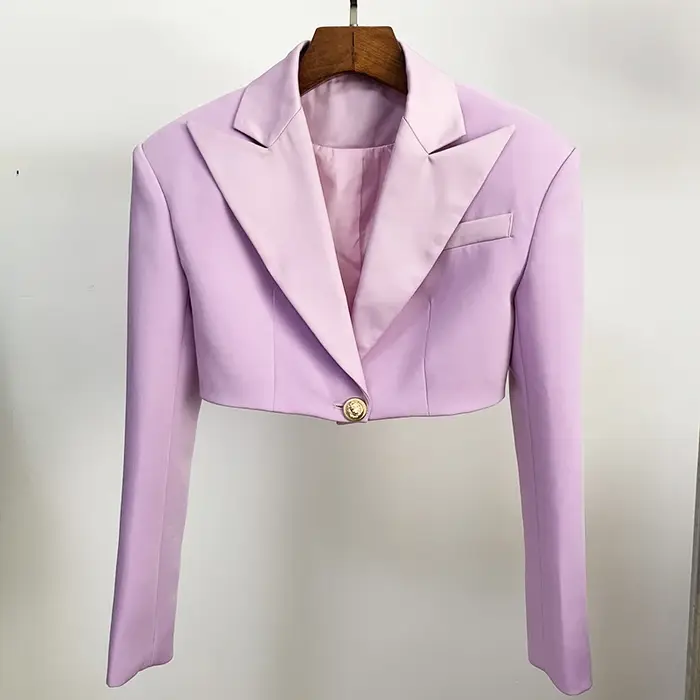 Blazer court en satin à boutons simples pour femmes, veste de créateur, col extra initié, haute qual