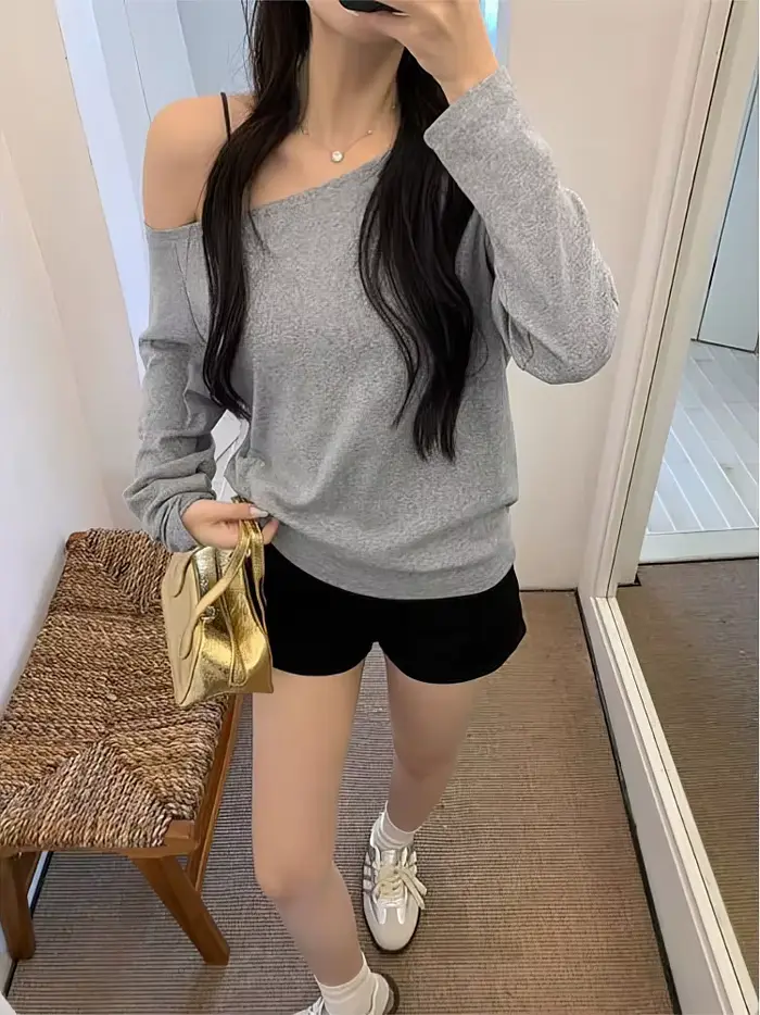 Tielko s dlhými rukávmi mimo ramena pre ženy jar jeseň voľné sexy jednoramenné top dámske ležérne základné