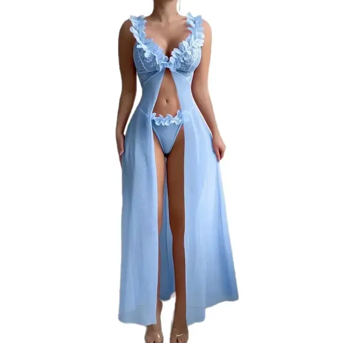 Sexy nočná košeľa čipka Set pre ženu, dlhé šaty štýl, s armatúrou popruhy, priehľadný kvetinový vzor, zvodný dizajn, Bold Cross Strap Set
