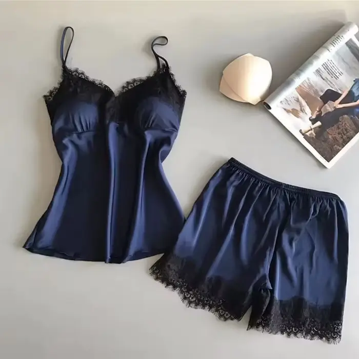 Femmes pyjama ensemble mode col en V Stretch Satin nuisette dentelle Sexy Lingerie nœud papillon chemise de nuit sommeil Shorts ensemble vêtements de nuit