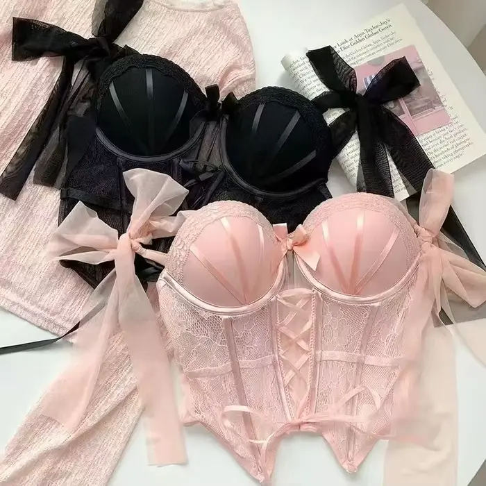 Sladké sexy dámy podprsenka nastaviť Fish Edge pikantné korzet dievča čipka spodná bielizeň popruh vystužený štíhly typ korzet ženy podprsenka Set