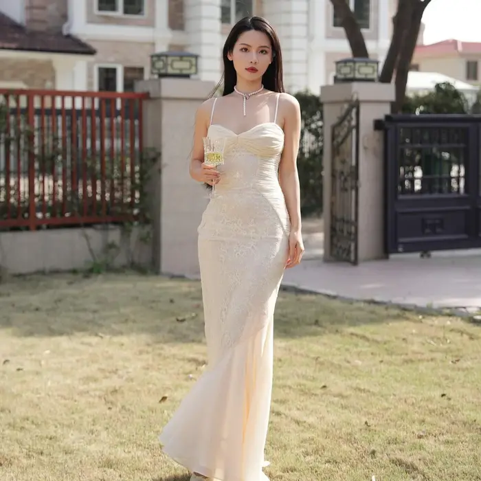 Mingmingxi – robe longue d'été pour femmes, Beige, élégante, en dentelle, avec ourlet, bretelles Spa