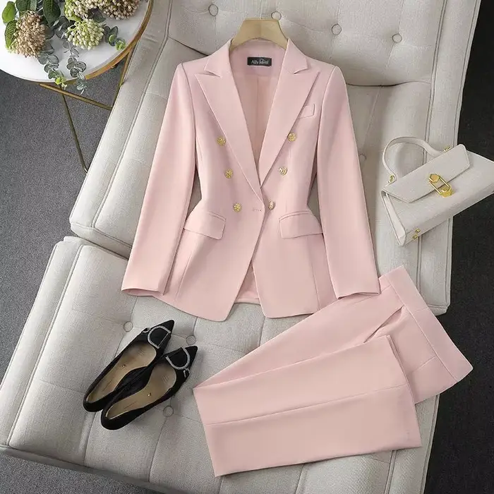 Dvojdielny kórejský módny set: Saká so sťahovacím golierom a úzke nohavice s dlhými rukávmi pre ženy – Elegantný kancelársky outfit