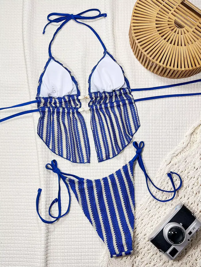 Vintage trojuholník 2026 modré pruhované dvojdielne bikiny zdobené kameňmi push-up top krátke plážové plavky pre ženy špeciálne príležitosti