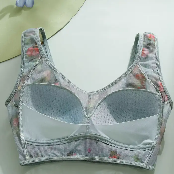 Soutien-gorge de nuit push-up en dentelle florale pour femme, sans couture, grande taille, imprimé floral, sous-vêtement type débardeur, avec bande élargie, en maille de soie glacée, pour personnes âg