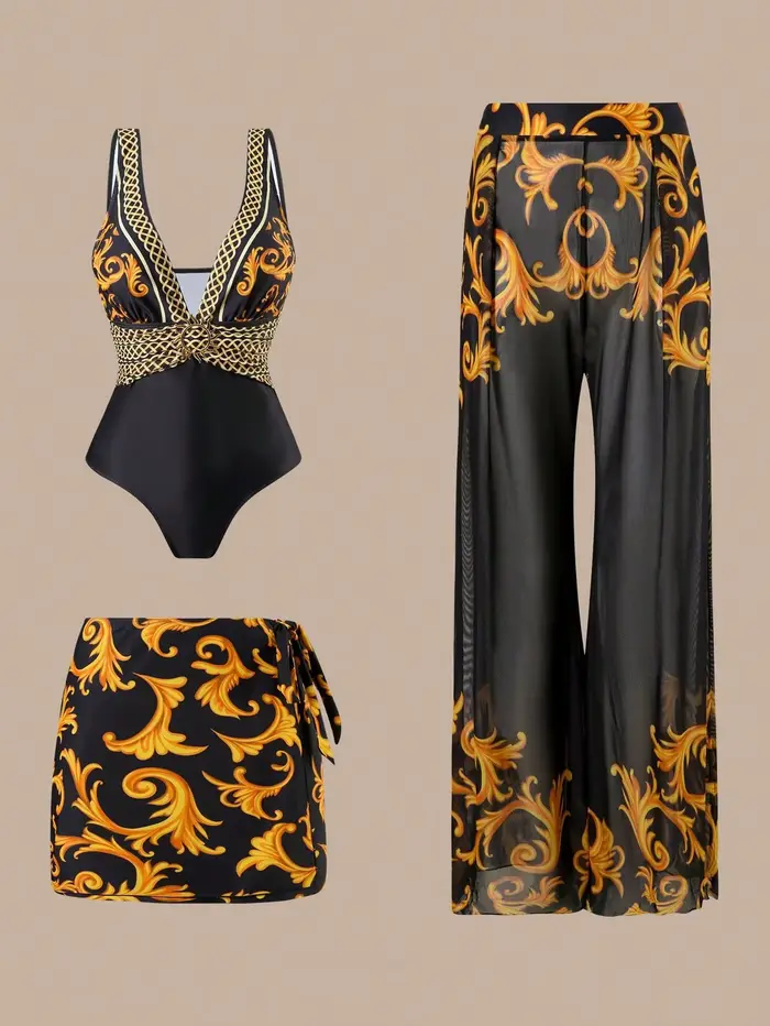 Ensemble de maillot de bain 3 pièces sexy pour femme imprimé floral jupe longue haut élégant occasions estivales femmes