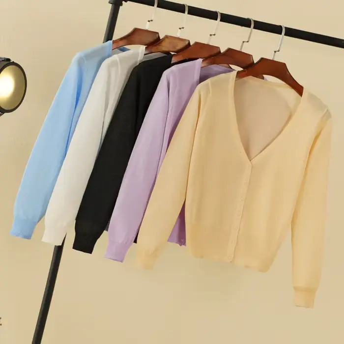 Dámsky kórejský štýl letný ľahký cardigan s dlhým rukávom crop top