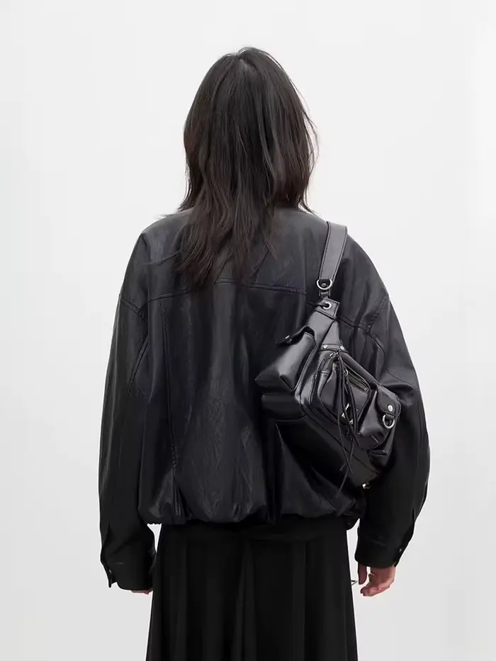 CHIC VEN Nouvelle Veste Courte Femme en PU Style Motard Coupe Ample Col Montant Unie Coupe-Vent Prin