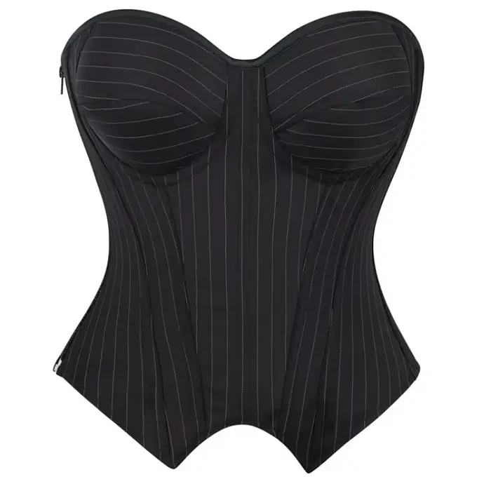 Corset Overbust avec Soutien-Gorge pour Femme, Noir, Rayé, à Lacets, en Plastique, Désossé, Haut, Fe