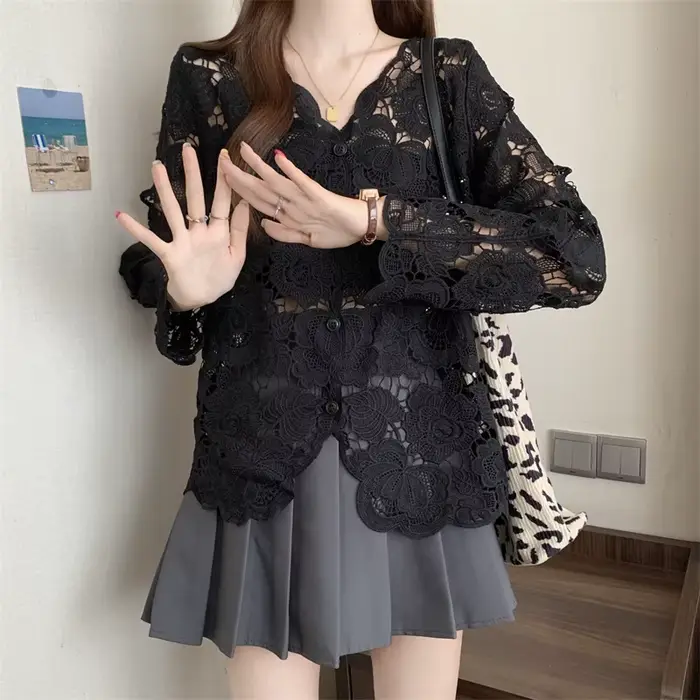 Boring Honey veľká veľkosť čipka háčkovanie výstrih do V košeľa s dlhým rukávom pre ženy módny všestranný elegantný